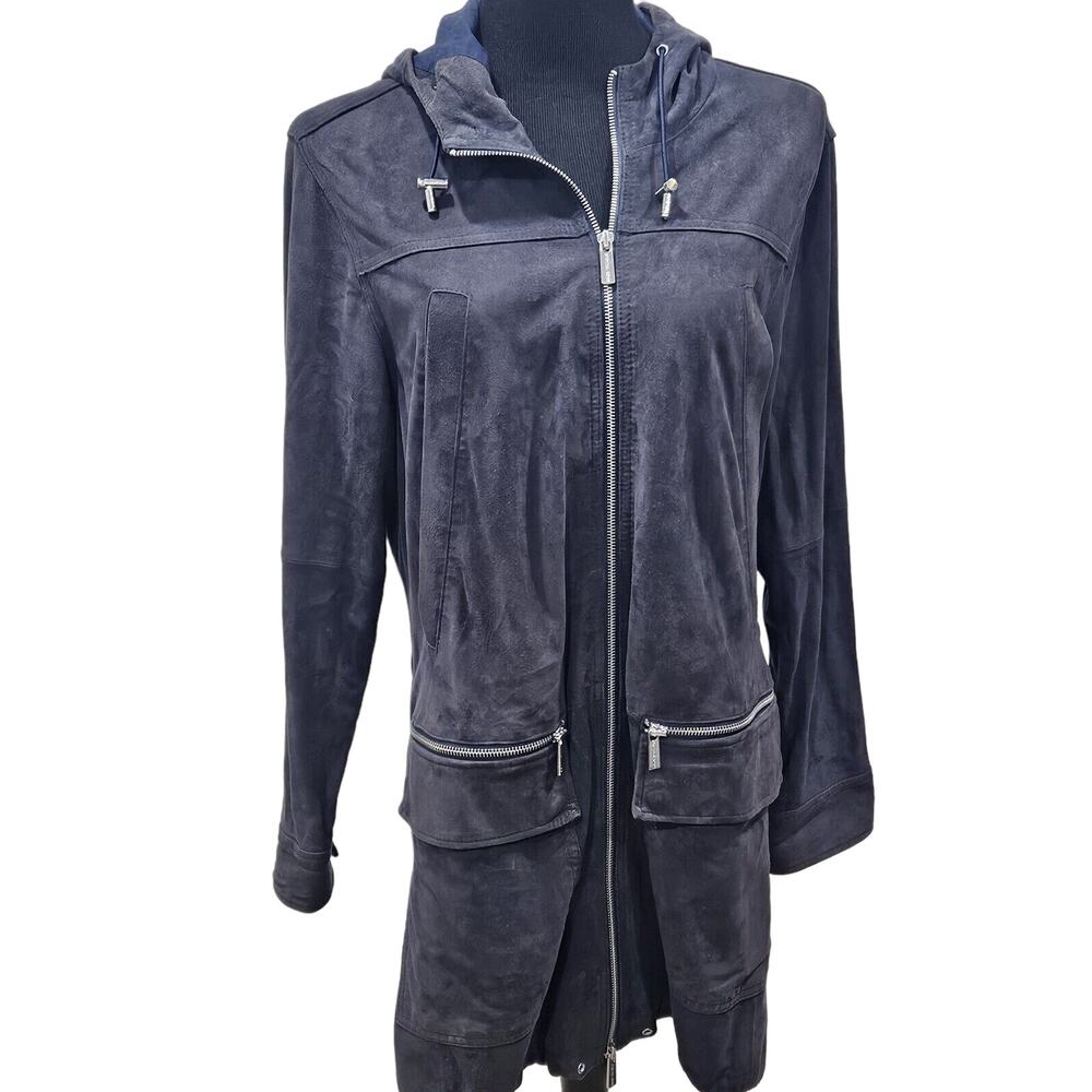 Michael Kors Black Suede Leather Lagenlook Grunge Full Zip Hooded Jacket Medium